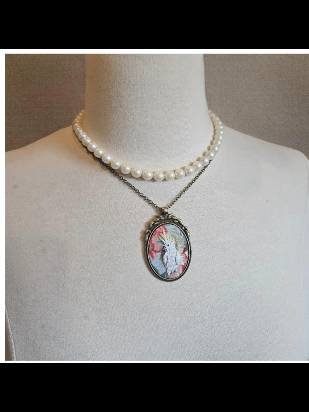 Cockatoo Pendant Necklace Hand Embroidered On Vintage Fabric One If A Kind